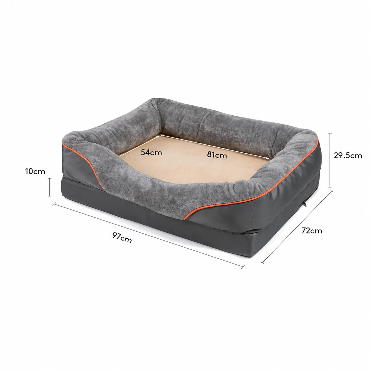Mått för hundbädd XL: 97 × 72 × 29,5 cm, liggyta 81 × 54 cm och skumbas 10 cm