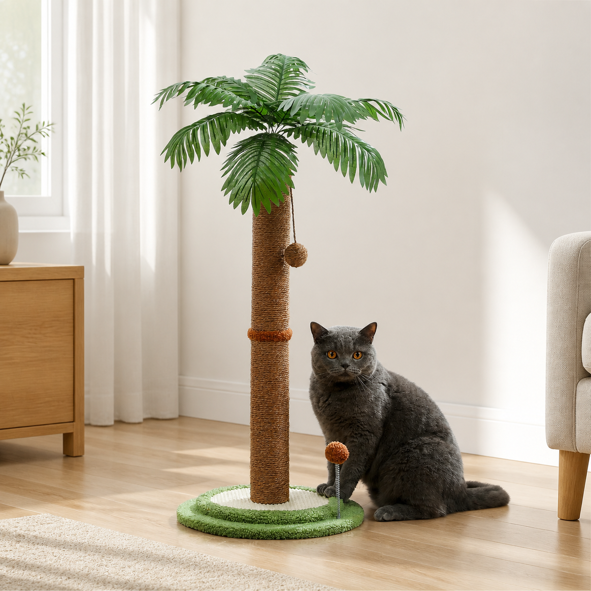 Palmformad klöspelare med grå katt i skandinaviskt vardagsrum