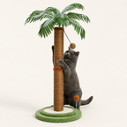 Palmformad klöspelare för katt, 85 cm – grå katt klöser på stammen under gröna palmblad och hängande boll