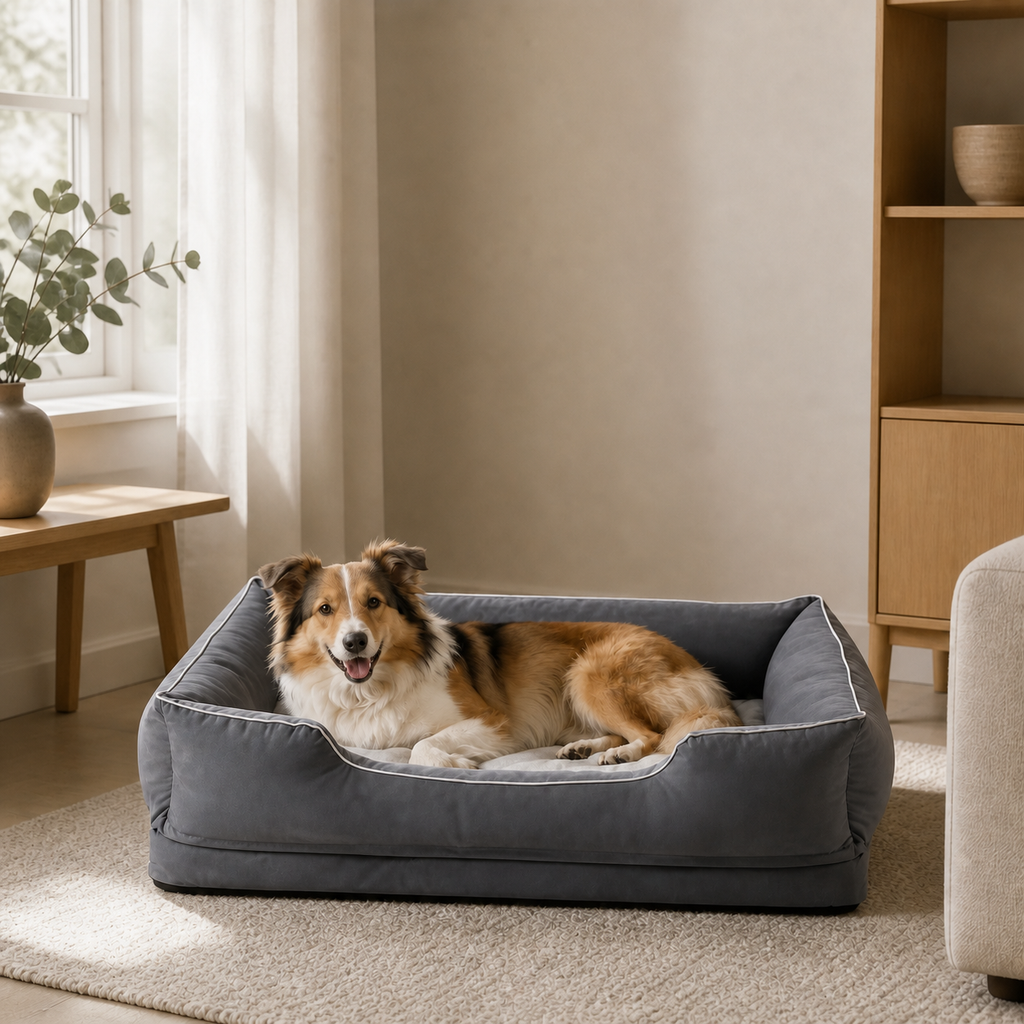 Grå hundbädd med hund i ljus hemmiljö