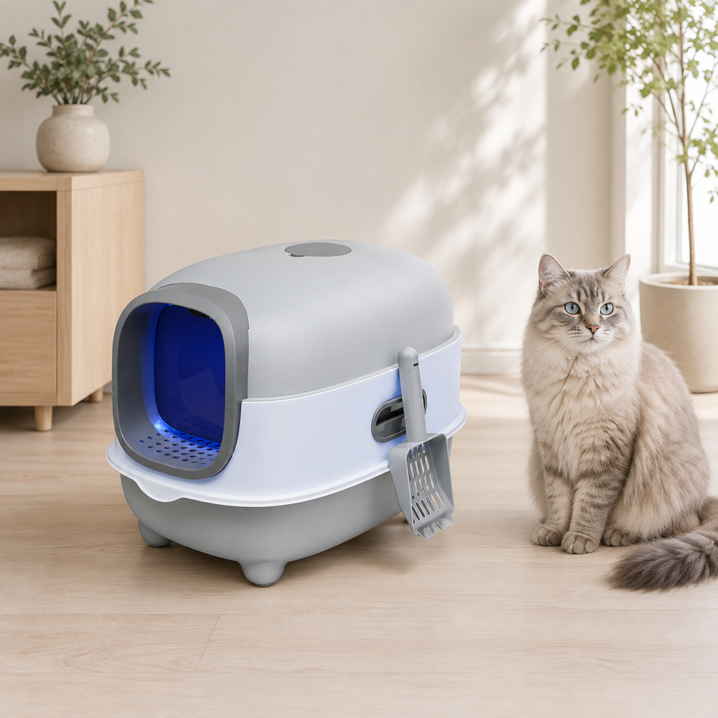 Grå täckt kattlåda i ljust hem med katt