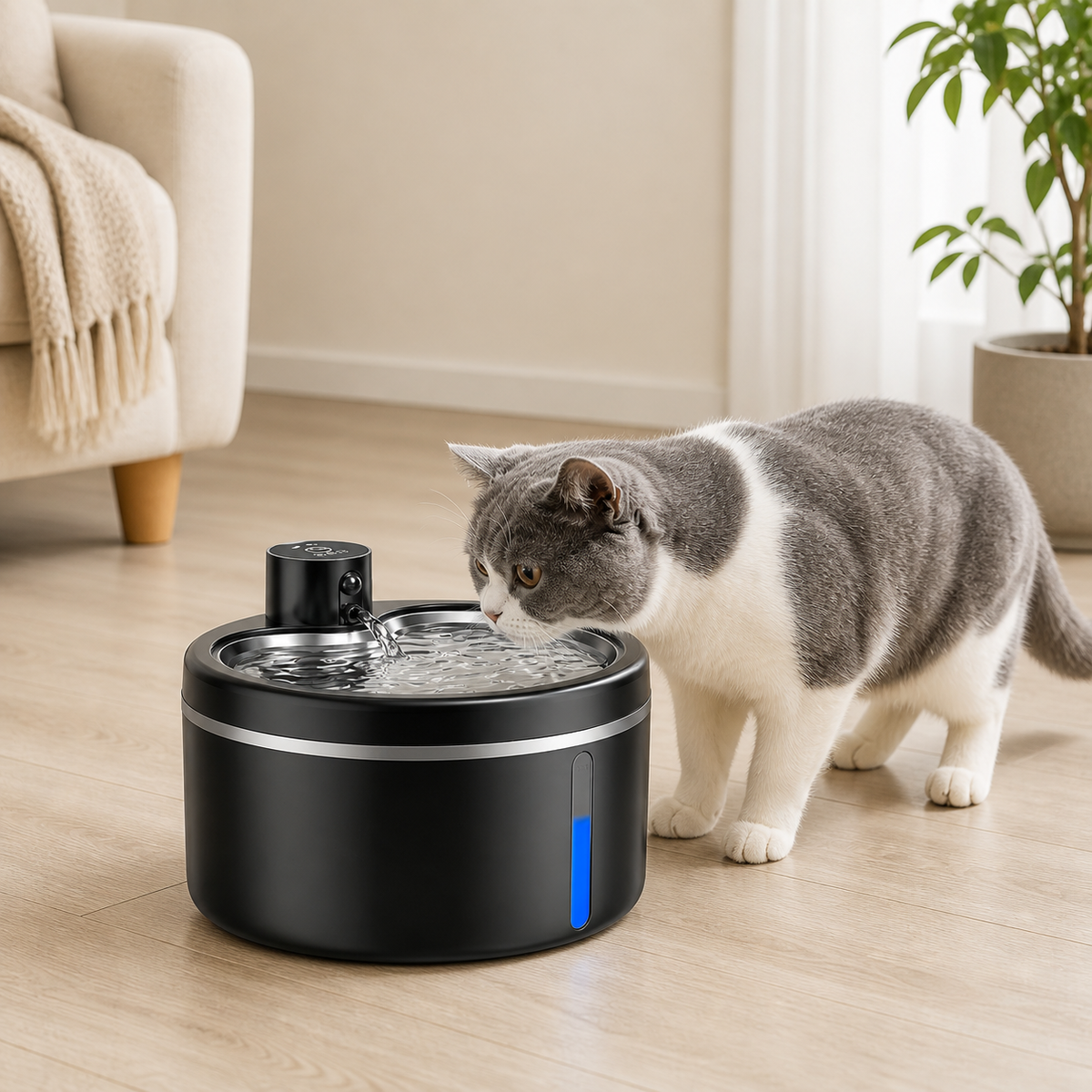 Katt dricker ur svart trådlös vattenfontän
