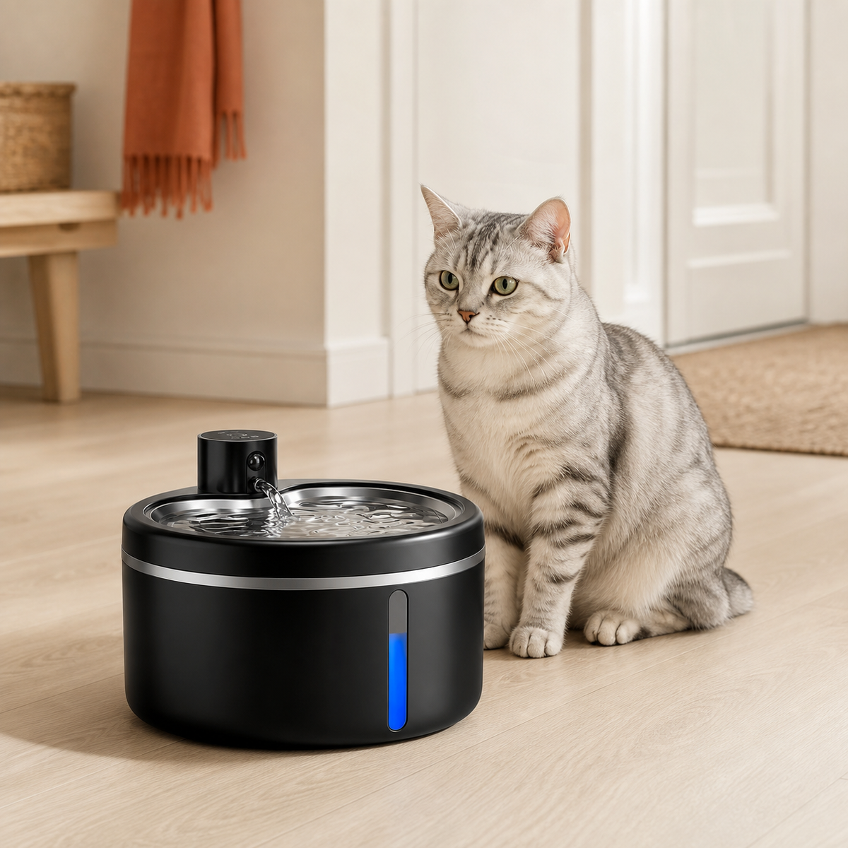 Svart vattenfontän bredvid en vuxen katt