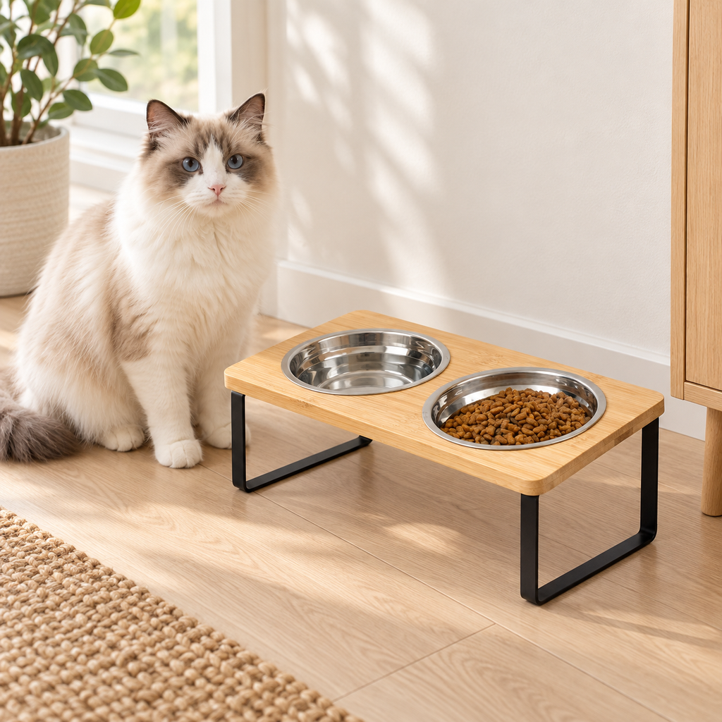 Upphöjd dubbel kattskål i en ljus matplatsmiljö