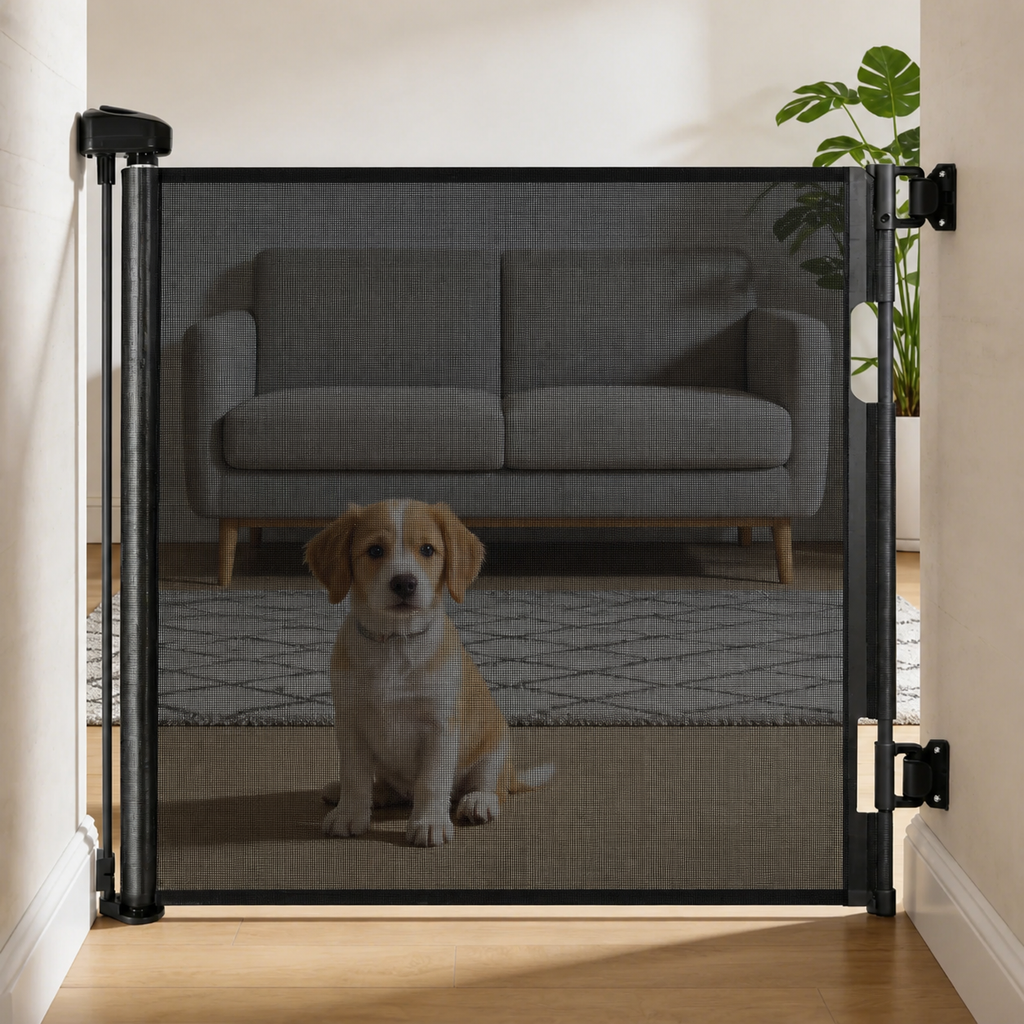 Svart nätgrind med mindre hund bakom