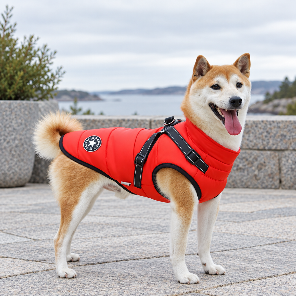 Hund i orangeröd hundjacka med sele utomhus