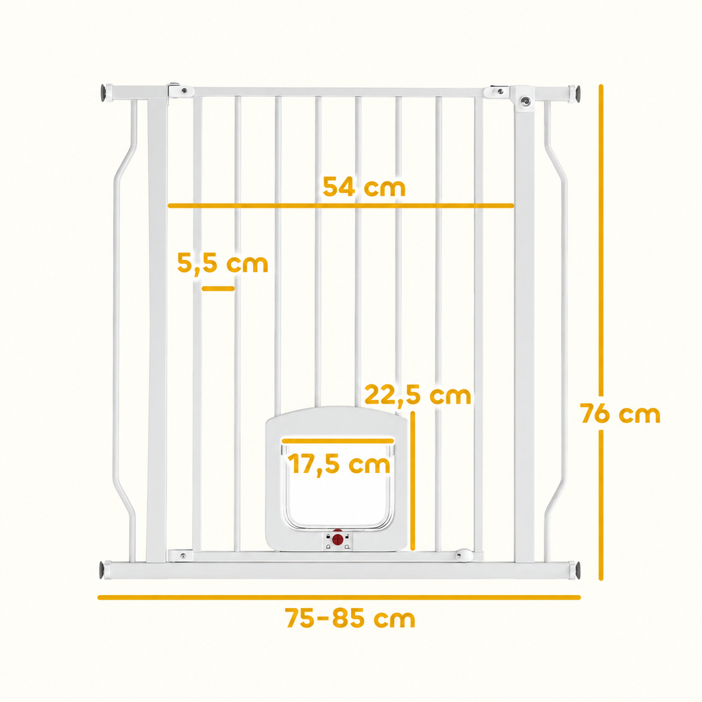 Vit hundgrind med kattlucka, 75–85 cm, med mått i centimeter