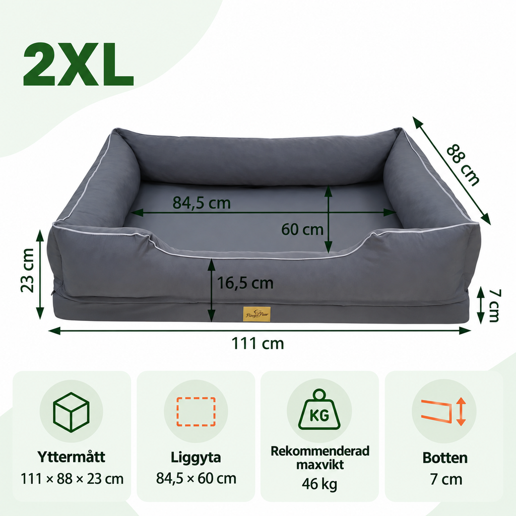 Storleksguide för mörkgrå hundbädd i storlek 2XL, 111 × 88 × 23 cm