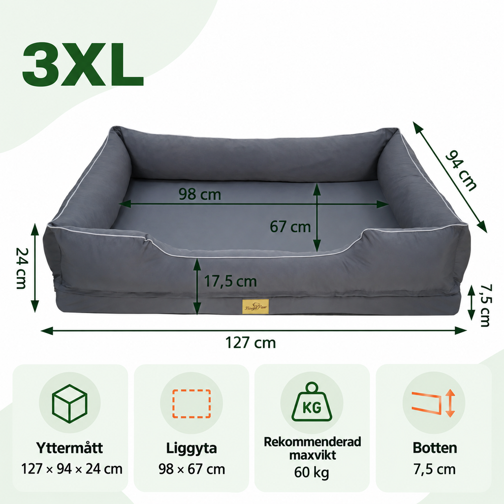 Storleksguide för mörkgrå hundbädd i storlek 3XL, 127 × 94 × 24 cm