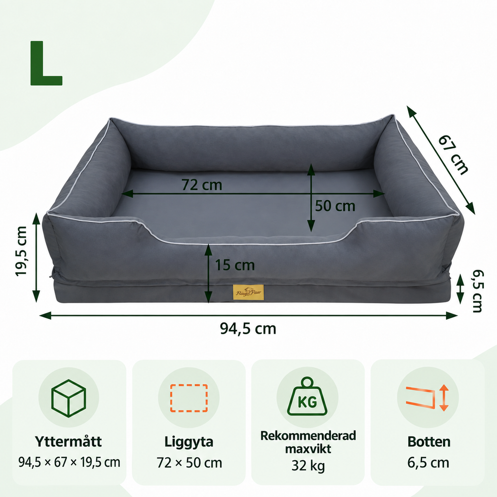Storleksguide för mörkgrå hundbädd i storlek L, 94,5 × 67 × 19,5 cm