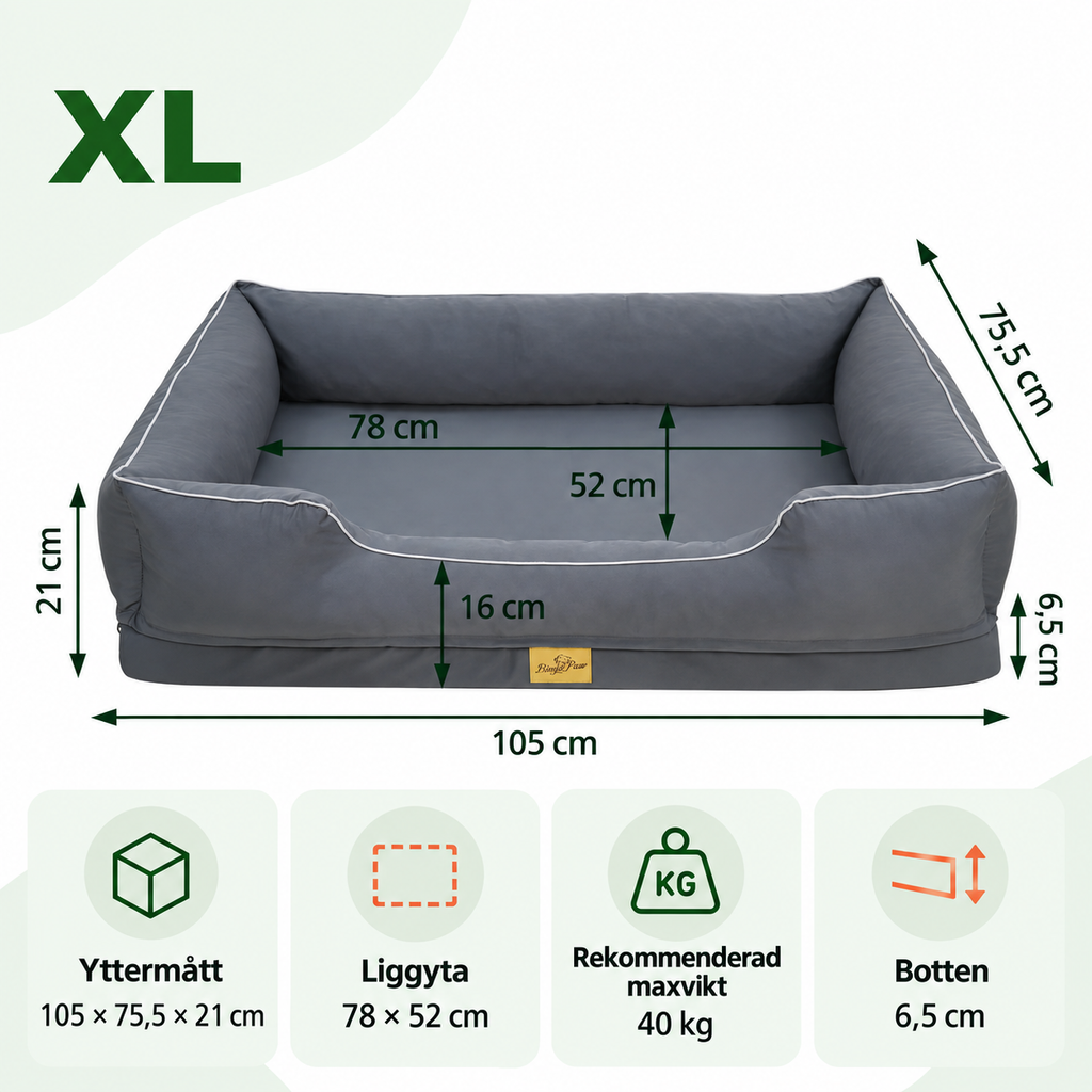 Storleksguide för mörkgrå hundbädd i storlek XL, 105 × 75,5 × 21 cm