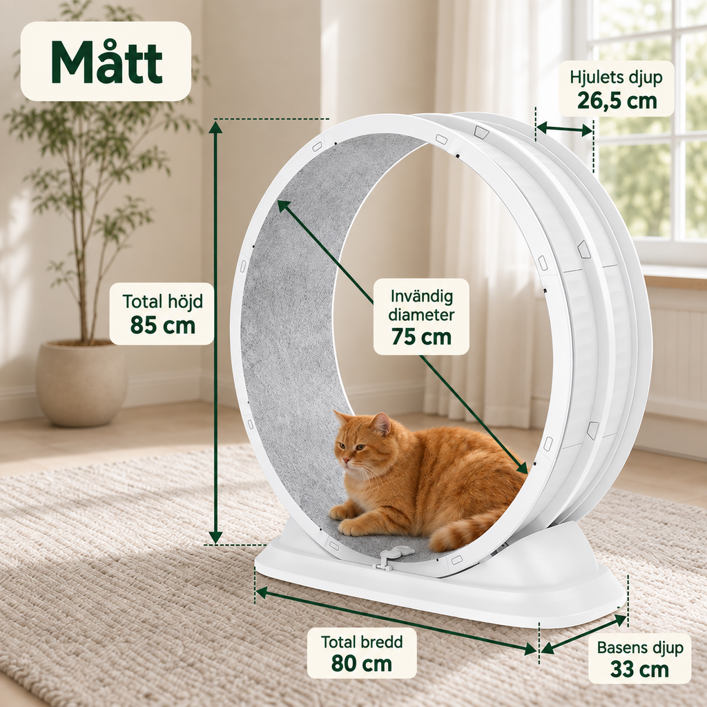Måttguide för kattmotionshjul: 80 cm brett, 85 cm högt, 75 cm invändig diameter, 33 cm basdjup och 26,5 cm hjuldjup