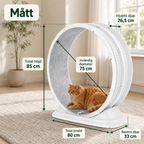Måttguide för kattmotionshjul: 80 cm brett, 85 cm högt, 75 cm invändig diameter, 33 cm basdjup och 26,5 cm hjuldjup