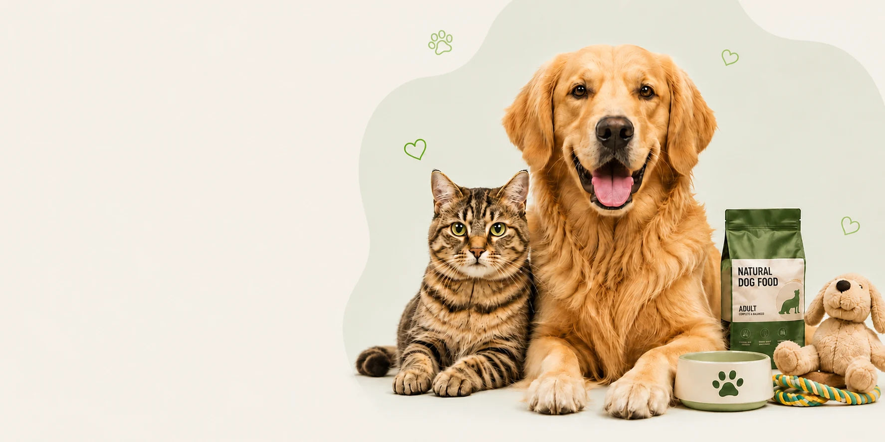Golden retriever och katt med utvalda djurprodukter